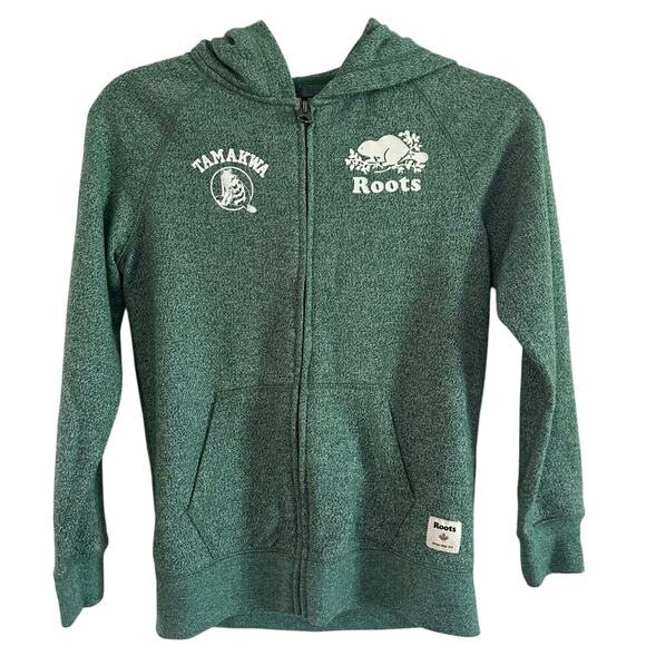 ROOTS Kids Camp Tamakwa Green Hoodie Zipper Logo Jacket - Sz Large (9-10 yrs) - Picture 1 of 8